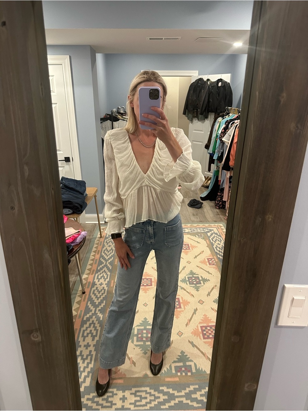 Free People Ivory Ruffled V-Neck Peasant Blouse